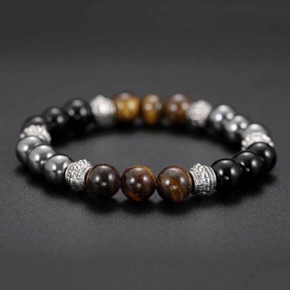 Brown Tiger's Eye, Black Obsidian & Hematite Natural Stone Beaded Bracelet NEW - Picture 6 of 6